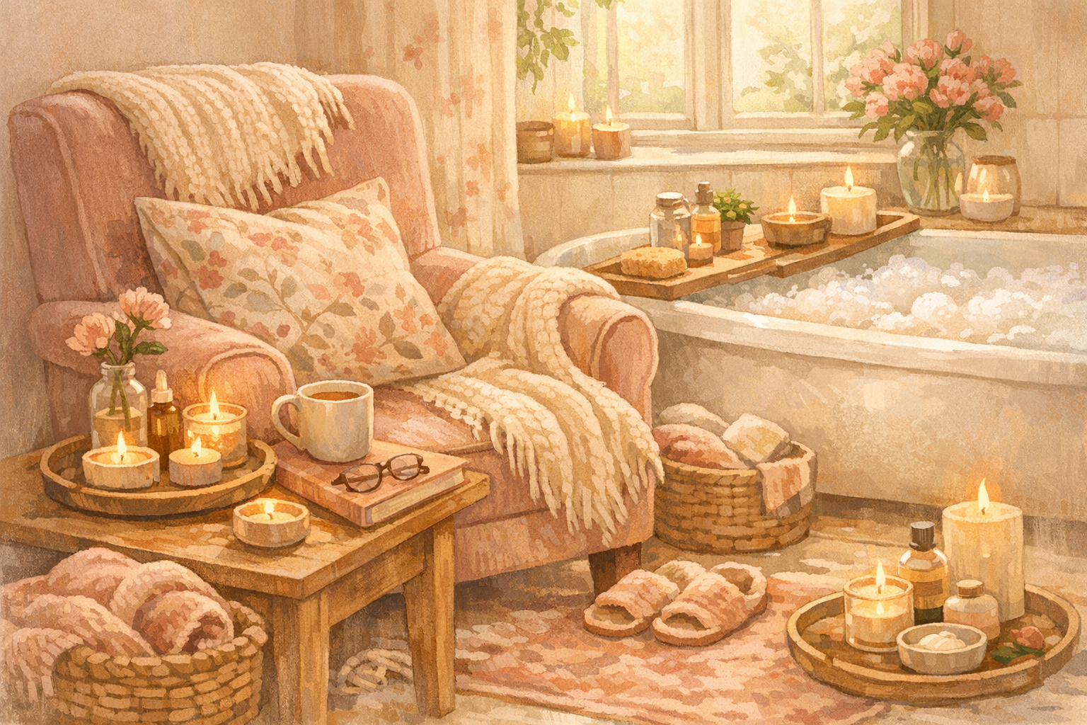 Cosy pink and cream self care scene with candles, a bath and soft blankets
