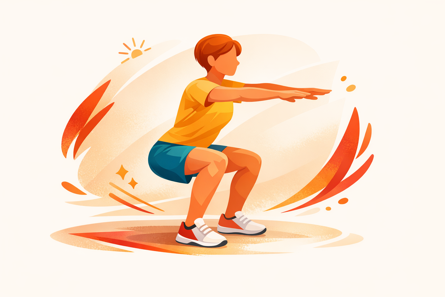 Figure doing a squat in a bright red and orange fitness illustration