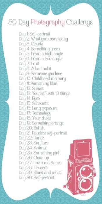 A blue patterned background displays a 30-day photography challenge list with daily prompts, and a pink camera is illustrated beside it.