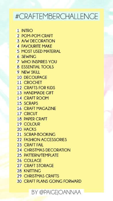 An image showing a “#CrafTemberChallenge” list by @paigejoannaa, featuring 30 daily prompts for different crafts such as pom-pom making, découpage, sewing, papercraft, and knitting.
