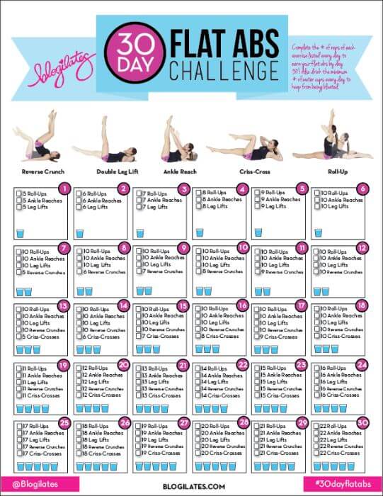 A calendar for a 30-day flat abs challenge features daily workout instructions, tickboxes to track progress, and drawings showing five ab exercises at the top.