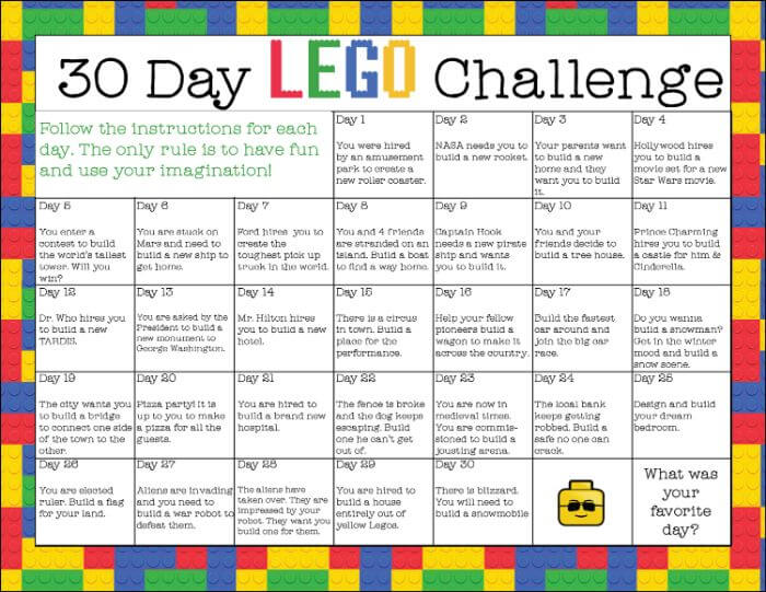 A bright 30-day LEGO challenge calendar features creative building ideas each day, a border made of LEGO bricks, and a small yellow minifigure head in the lower right-hand corner.