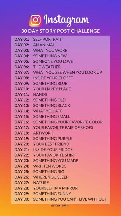 An image of a 30-day Instagram story challenge list with daily prompts displayed on a pink-orange gradient background.