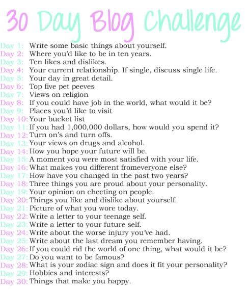 A colourful list called “30 Day Blog Challenge” displays daily writing prompts like sharing facts about yourself and listing things that make you happy.
