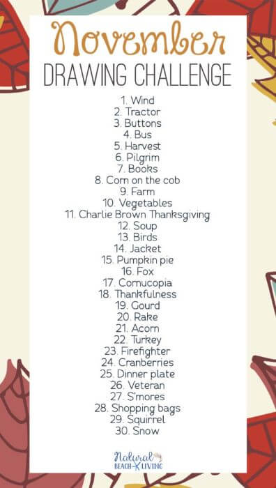 An image shows the “November Drawing Challenge,” featuring a list of 30 daily drawing prompts inspired by autumn themes like wind, tractors, harvest, pumpkin pie, turkey, and snow.