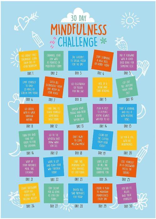A bright 30-day mindfulness challenge calendar features daily activities on multicoloured squares, set on a light blue background with playful doodles.